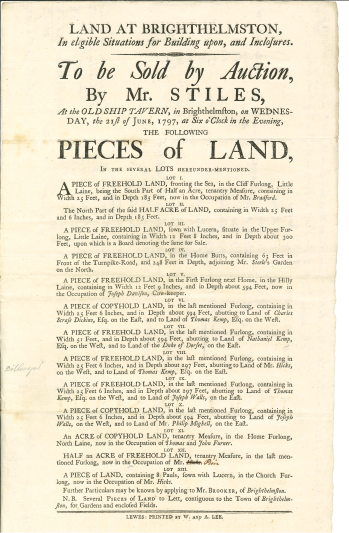 Printed handbill for sale of building land in Brighton: Lot 5 purchased by William Dillwyn and subsequently sold to Thomas Kemp, 21 June 1797.