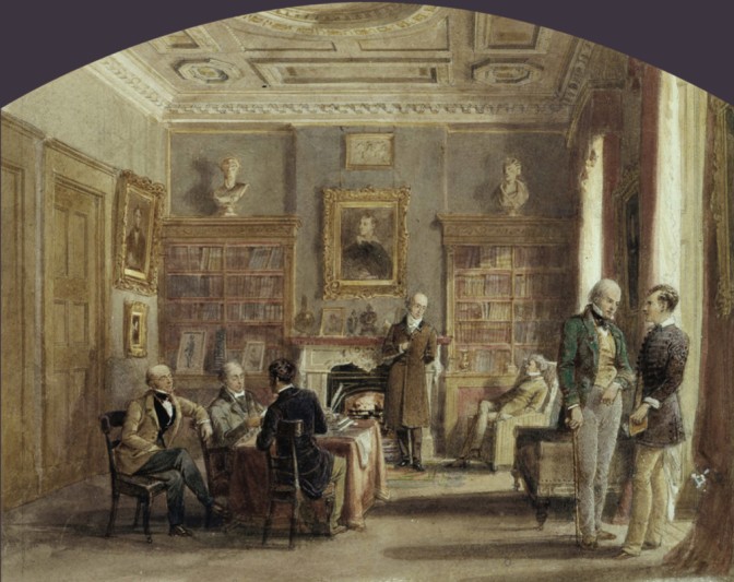 Print showing the salon in 50 Albemarle Street.  At the window on the right Byron and Scott are shown meeting for the first time.