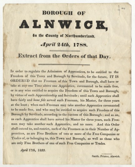 Broadside regarding the rules of the Alnwick freemen, 1833.