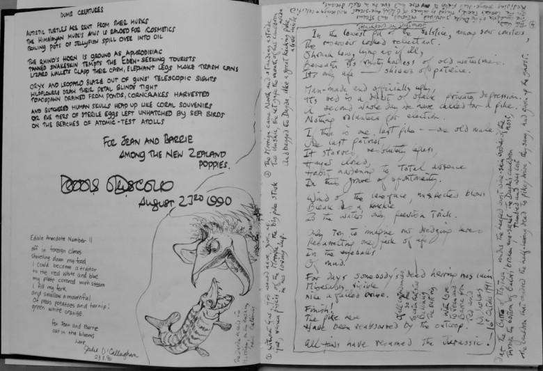 Ted Hughes's cartoon of the Morrigu eating the Dagda, along with notes and poem 'Trenchford on Dartmoor', in Barrie Cooke's guest book