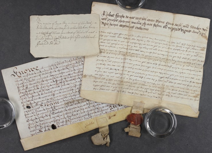 Deeds relating to estates in Hurdsfield, Cheshire, including the earliest document in the collection, dated 1498. 