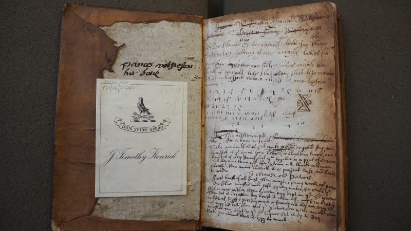 Frances Wolfreston's inscription, and notes by her son Francis. 
