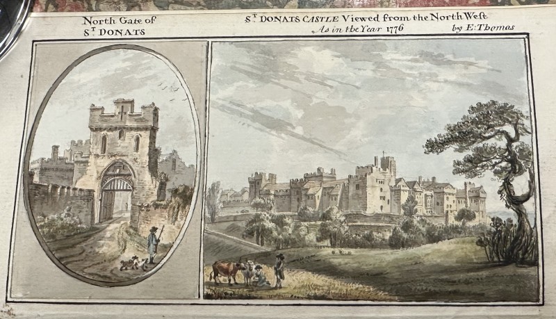 Hand-coloured frontis of North Gate and St Donat’s Castle viewed from the North West by E Thomas, 1776. 