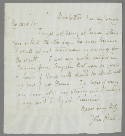 John Keats autograph letter to T. Monkhouse