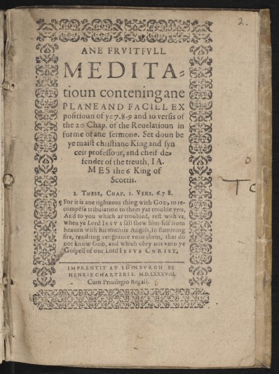 Title page of James VI's work.  Courtesy of the National Library of Scotland.