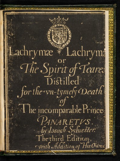 An opening showing the black verso with the Prince’s arms in white, and woodcut border with skeletons on the recto. Courtesy of the University of St Andrews