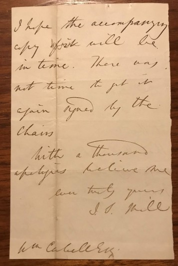 Letter from JS Mill to William Cabell circa 1832-41. Courtesy of Somerville College