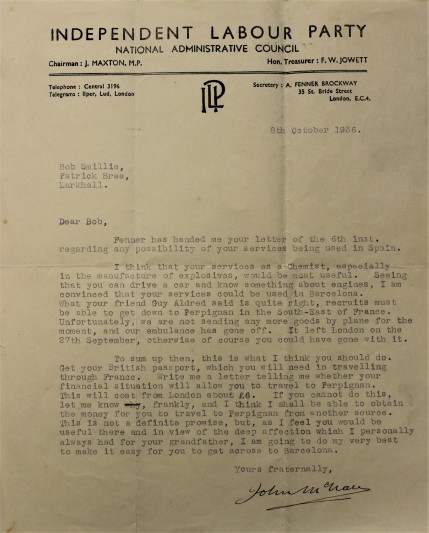Letter from John McNair of the ILP to Bob Smillie.