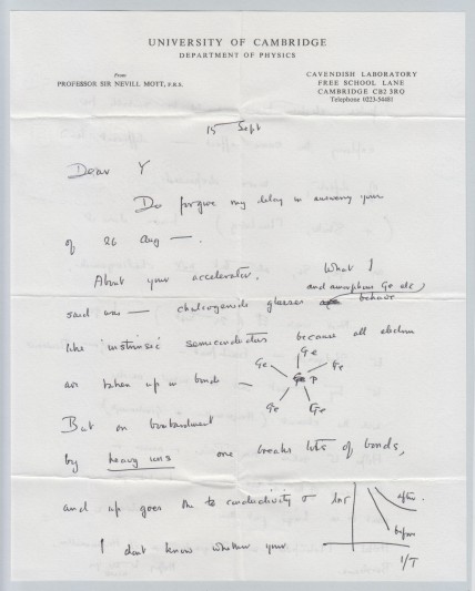 A letter to Cauchois sent from Mott during his time at the Cavendish Laboratory.