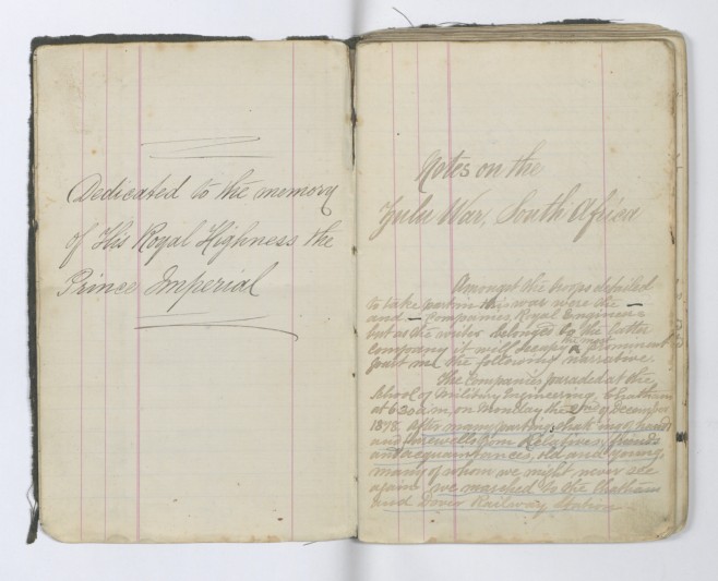 The opening page of the diary, with dedication to the fallen Prince Imperial