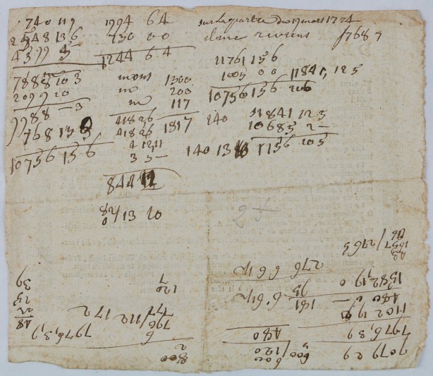 Reverse of Handbill for the appearance of two twin brothers and two twin sisters with handwritten monetary calculations, 1775, Lyon.