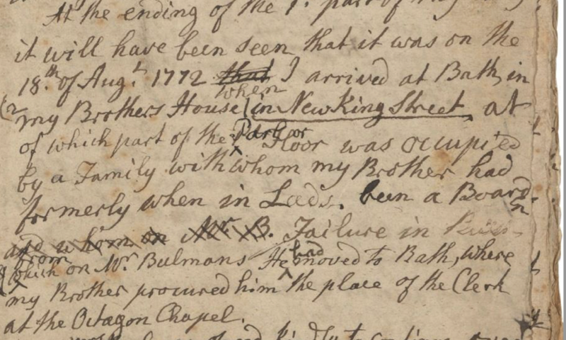 Detail: writing of her arrival at her brother's house in Bath in August 1722.
