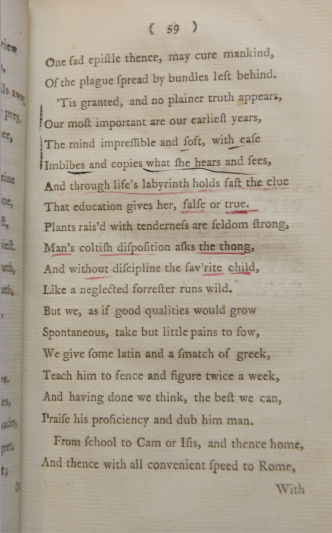 Red crayon underlinings in William Cowper’s Poems, 1782. 