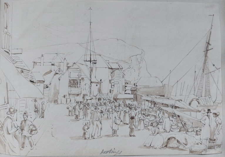 Pen-and-ink drawing of the Hastings seafront, with net shops, boats and East Cliff, c1830.