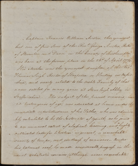 The first page of Admiral Sir Francis Austen's biography.