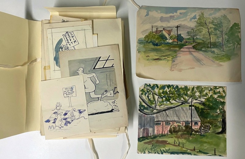 Selection of cartoons and watercolours from the archive.