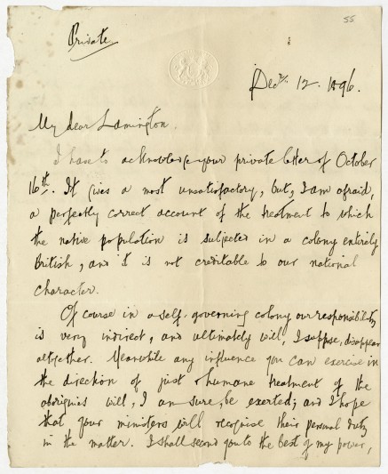 Two page letter from Joseph Chamberlain re treatment of native population of Australia, 1896. 
