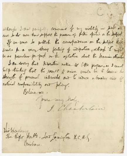 Two page letter from Joseph Chamberlain re treatment of native population of Australia, 1896. 