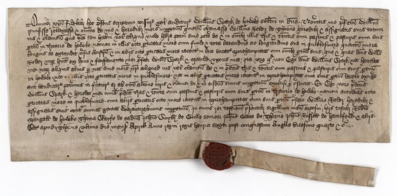 A quitclaim relating to land at Hook near Goole, 30 Apr 1446. This was donated to West Yorkshire Archive Service. 