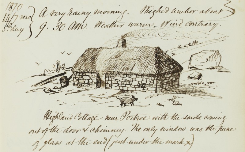 A smoky Highland Cottage near Portree, Isle of Skye, 14 July 1870. D/X 2217/1.  © Durham County Record Office.