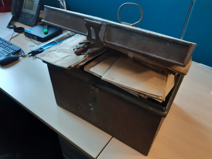 The deed box on arrival, filled with over 100 documents.