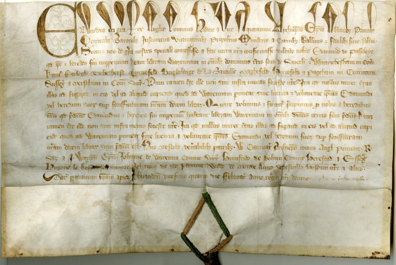 Grant of free warren to Sir Edmund Pashley, 1317.  FNL grant 2012. Image courtesy of East Sussex Record Office.