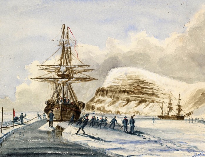 Cresswell's sketch of HMS Investigator and HMS Enterprise cutting through the ice. FNL grant 2012. 