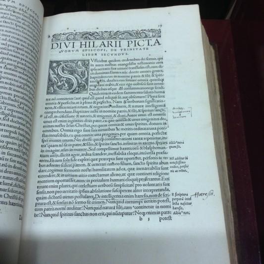 Annotations in Erasmus' edition of Hilary of Poiters's work.  Courtesy of Pembroke College.