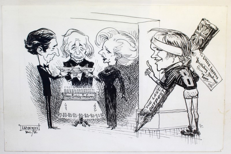 Birthday card from Tom Bedford (Laurens van der Post's nephew) with caricatures of Laurens, Prince Charles and Margaret Thatcher, November 1986. Courtesy of Durham University Library.